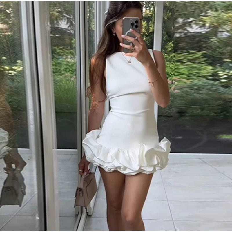 2024 New Elegant White Ruffles Pleated Mini Dress Women Fashion O-neck Sleeveless Slim Vestido Female Chic Party Evening Dresses - reetell