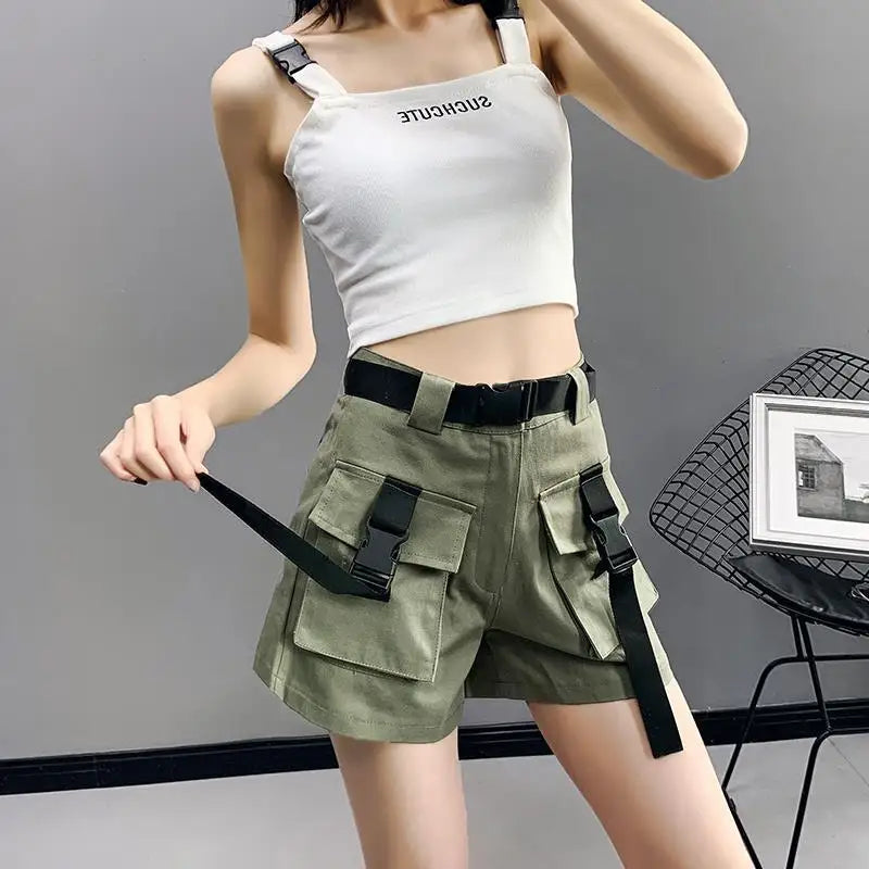 Boxer Women's Cargo Shorts with Pockets Female Short Pants Wide High Waist Korean Style Aesthetic Design Harajuku Fashion Cheap - reetell