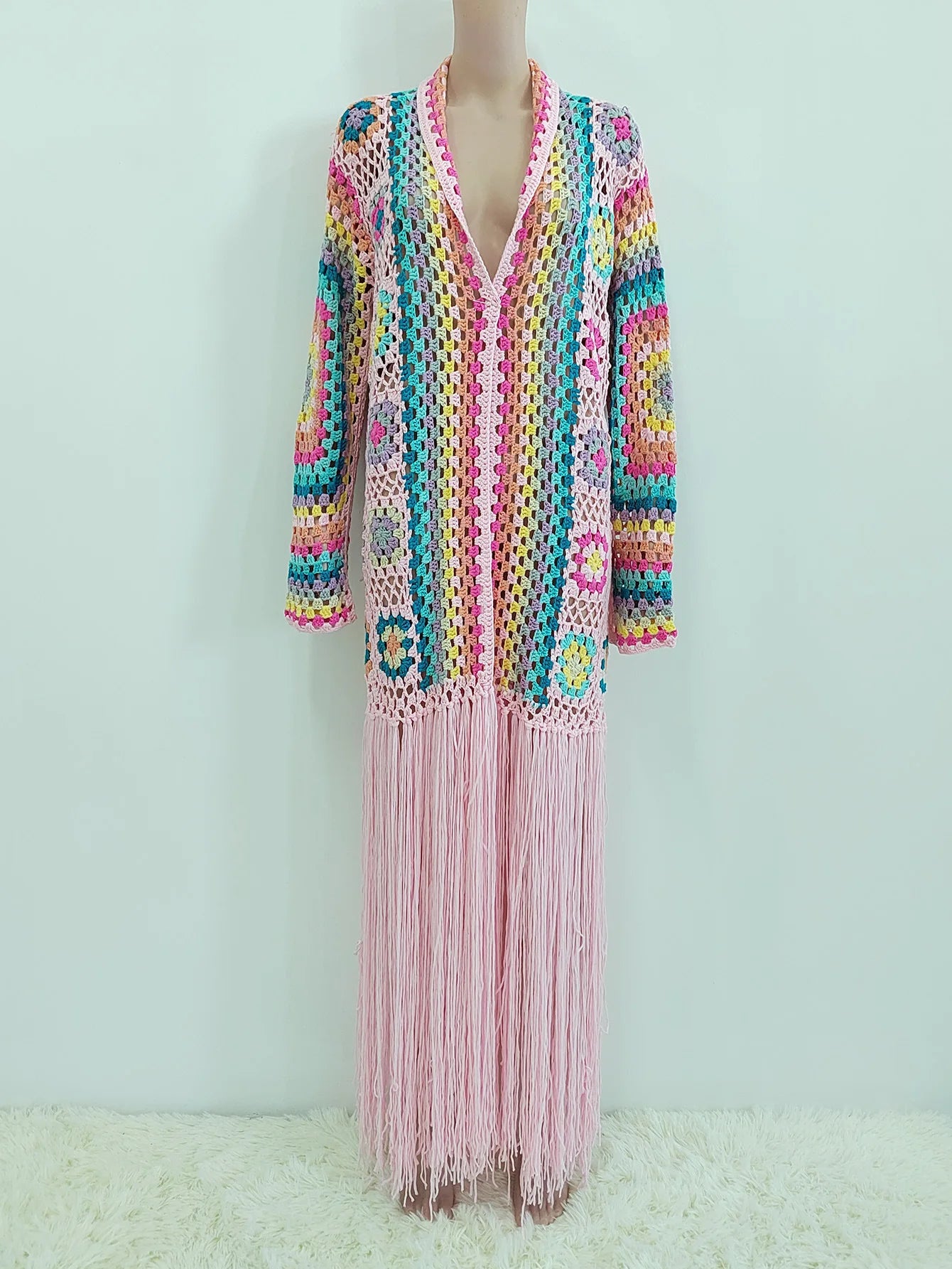 Women's Cardigans Crochet Knitted Maxi Fringe Coats Jacket Casual Sweater Ladies Tassel Open Stitch Hollow Out Long Cardigan - reetell