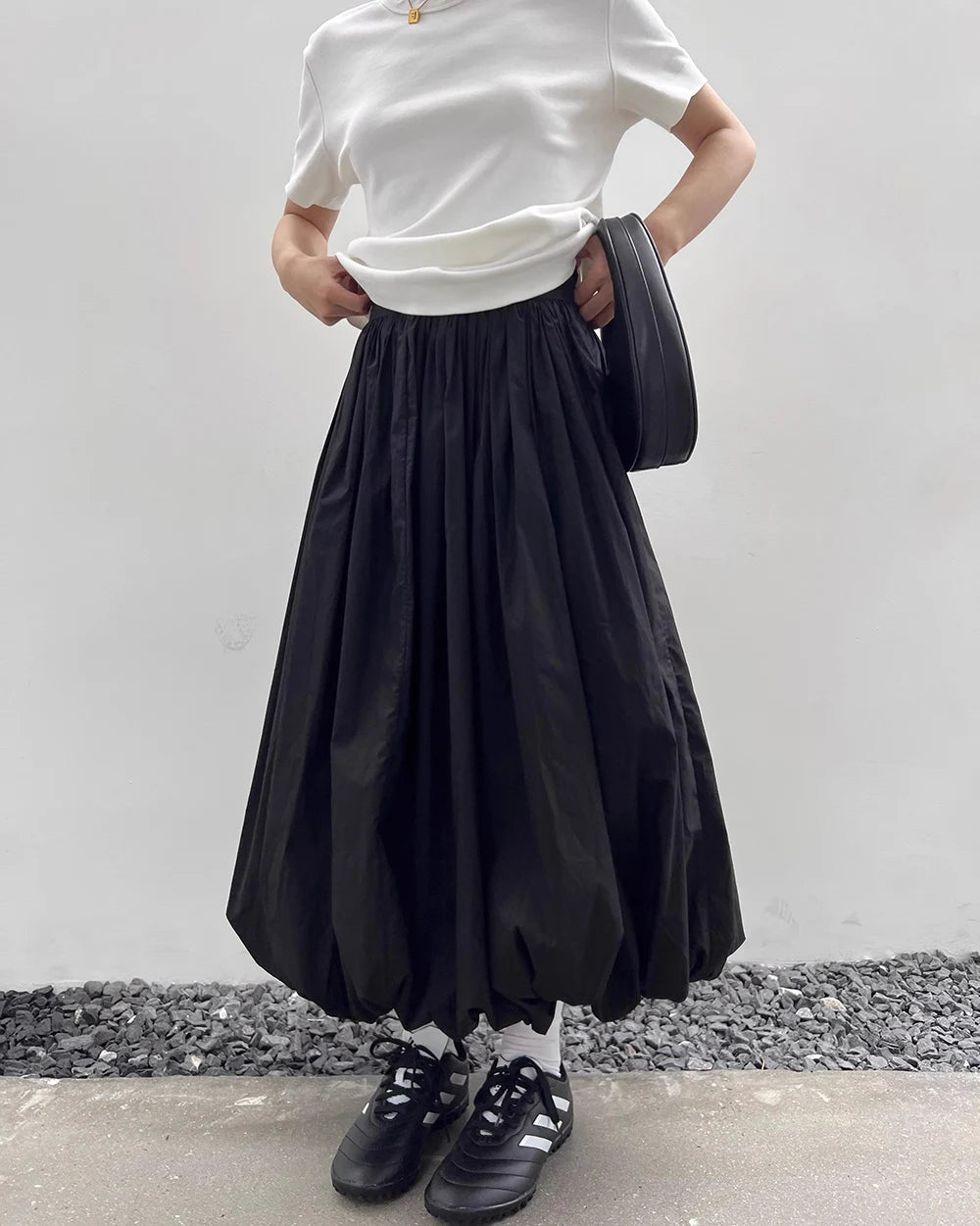 HOUZHOU Long Skirt Women Elegant Solid Elastic Waist A-line Vintage Korean Fashion Loose Balloon Maxi Skirt Casual Streetwear - reetell