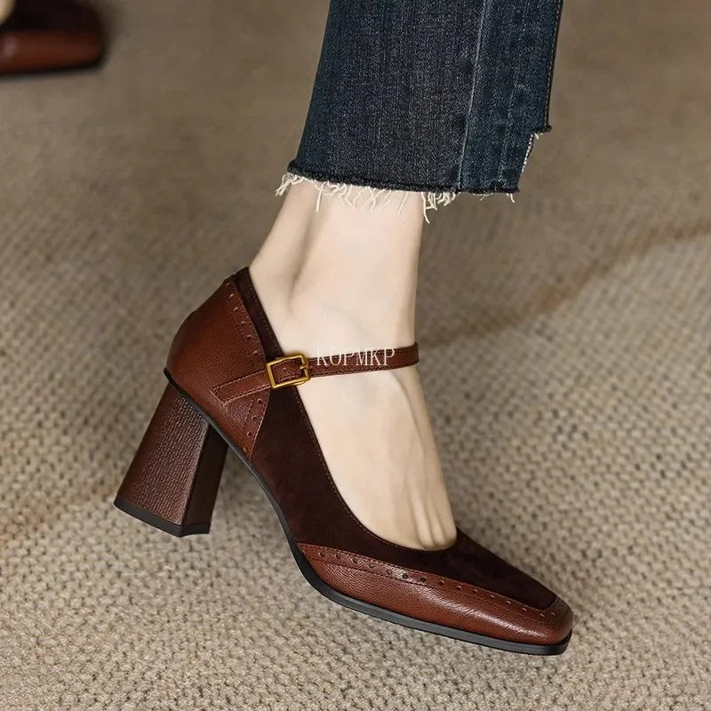 2024 Mary Janes Vintage Black Sandals Woman Buckle Non-Slip Casual Medium Heels Office Ladies Solid Elegant Heels Korean Summer - reetell