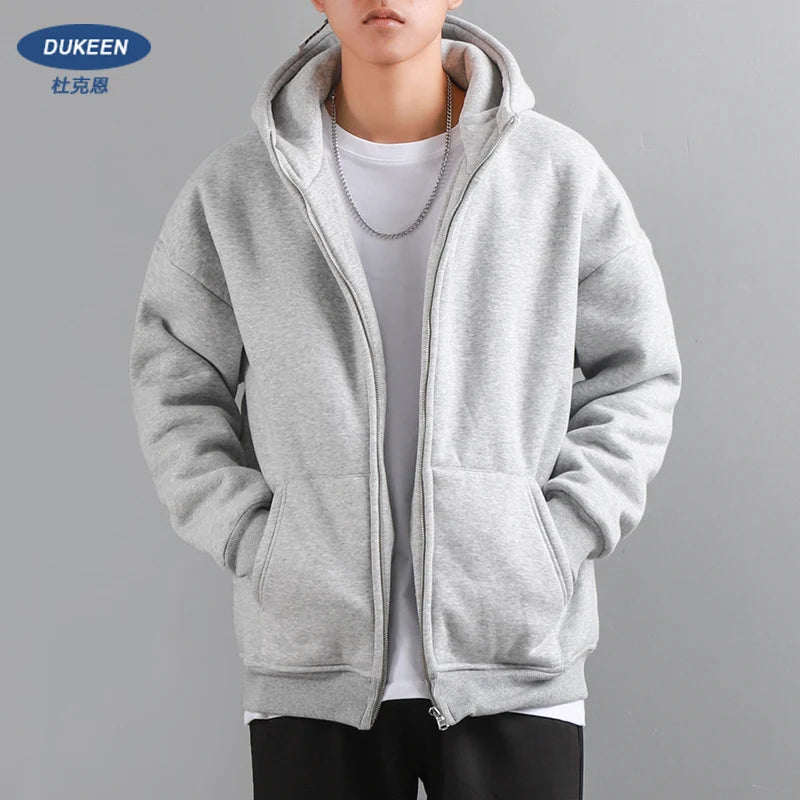 Dukeen Winter Hoodies for Men with Fleece Thicken Warm Zip-Up Hooded Shirt Casual Solid Color Woman Clothing White Black Coat - reetell