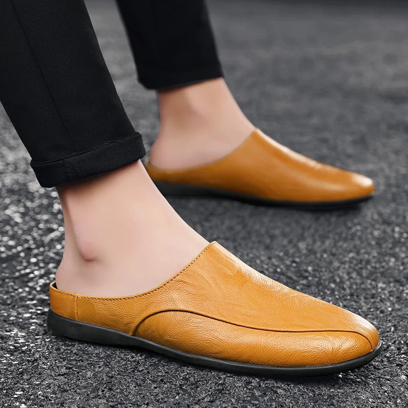 Summer Men Shoes Casual Fashion Mens Loafers Genuine Leather Half Slipper Breathable Slip on Lazy Driving Shoes Men