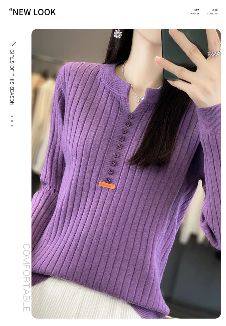 Women's Sweater Autumn/Winter New Solid Color Knitwear V-Neck Pullover Ladies Clothes Fashion Blouse Korean Style Loose Tops - reetell