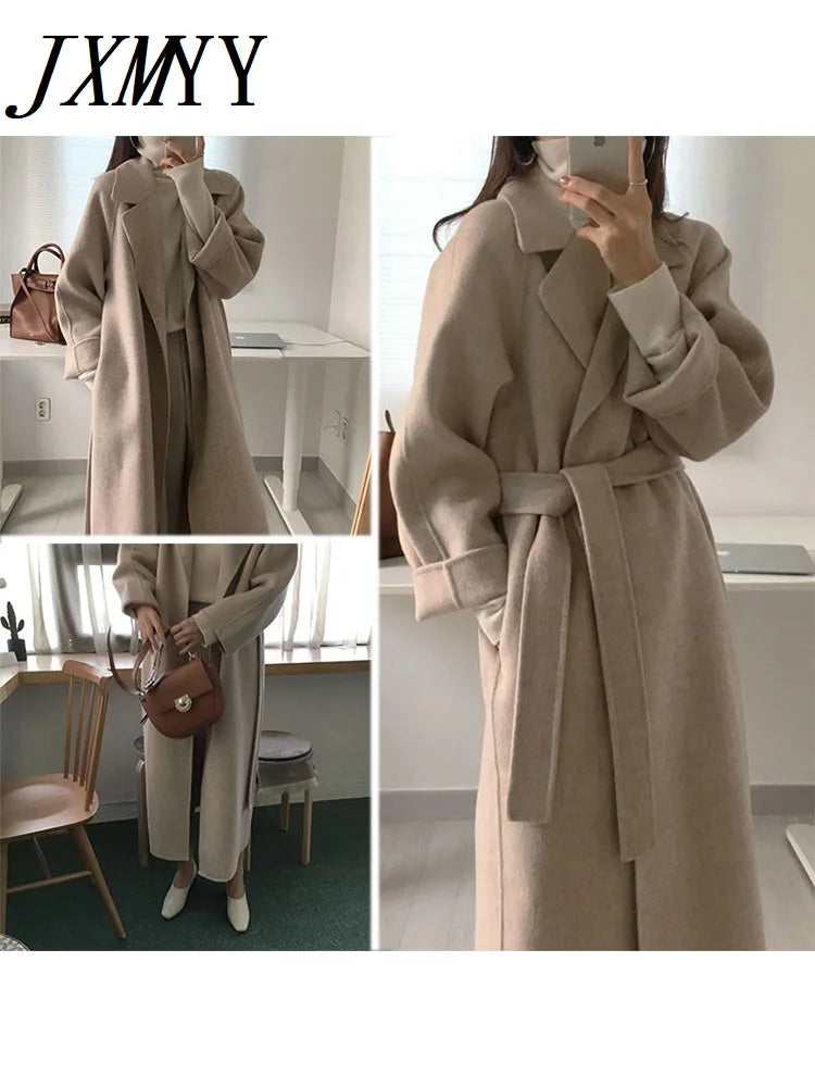 JXMYY French Lazy Style Warm Female Fresh Winter 2024 Classical Belt Retro Loose Women Woolen Coats Chic Casual Long Coat Long - reetell