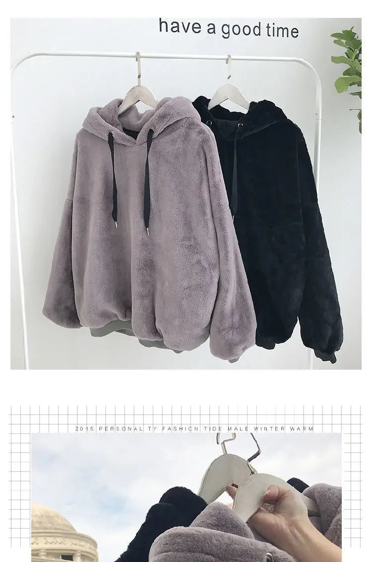 Autumn Winter Fleece-lined Hooded Long-sleeve Sweatshirt Women Hoodies Fashion Loose Couple's Warm Plush Coat Lazy Style Tops - reetell