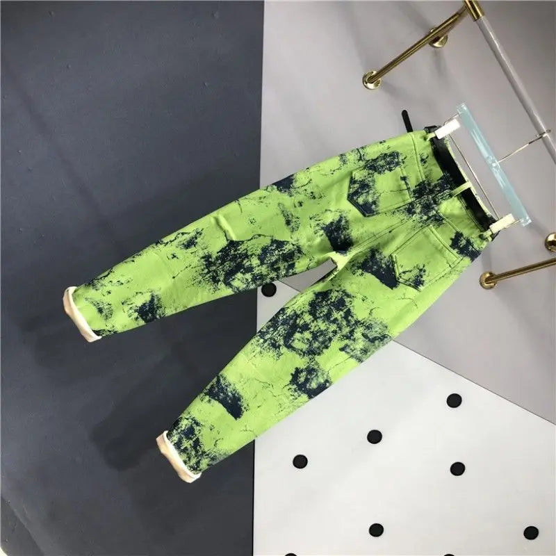 European Goods Heavy Industry Fashion Tie Dye Green Jeans Women's New Spring Summer High Waisted Loose Fit Slimming Harun Jeans - reetell