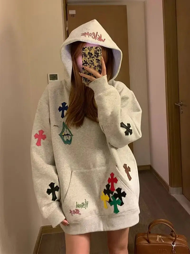 Hoodie Embroidered Colorful Cross Spring And Autumn Women'S 2024 New Popular Lazy Style Loose Plus Velvet Pullover Sweatshirt - reetell