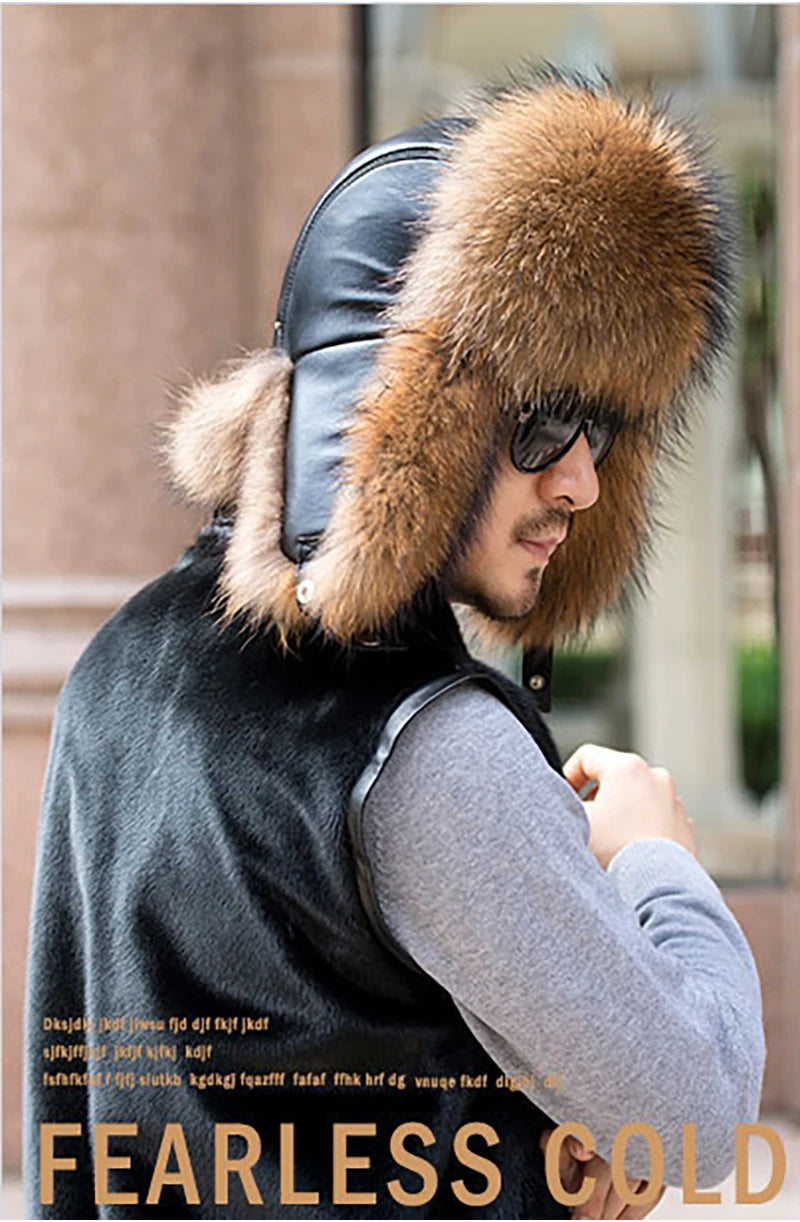 Winter Men's 100% Real Silver Fox Fur Bomber Hat Raccoon Fur Ushanka Cap Trapper Russian Man Ski Hats Caps Real Leather