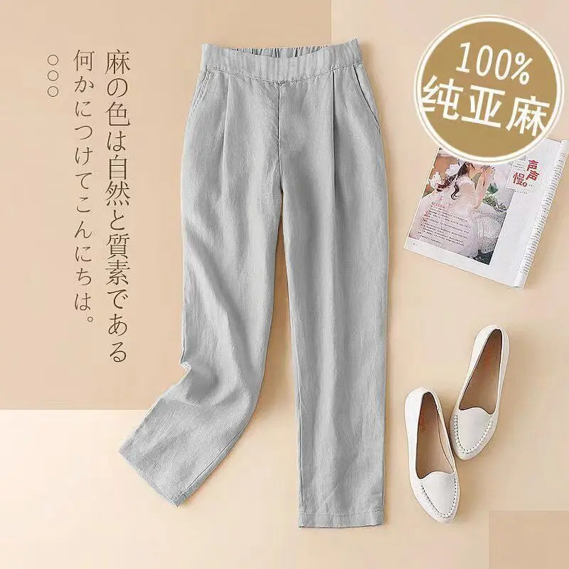 Womens Pants Solid Clothing Harem Trousers Woman Linen Elastic Waist with Pockets Autumn Chic and Elegant Classic Casual Outfits - reetell