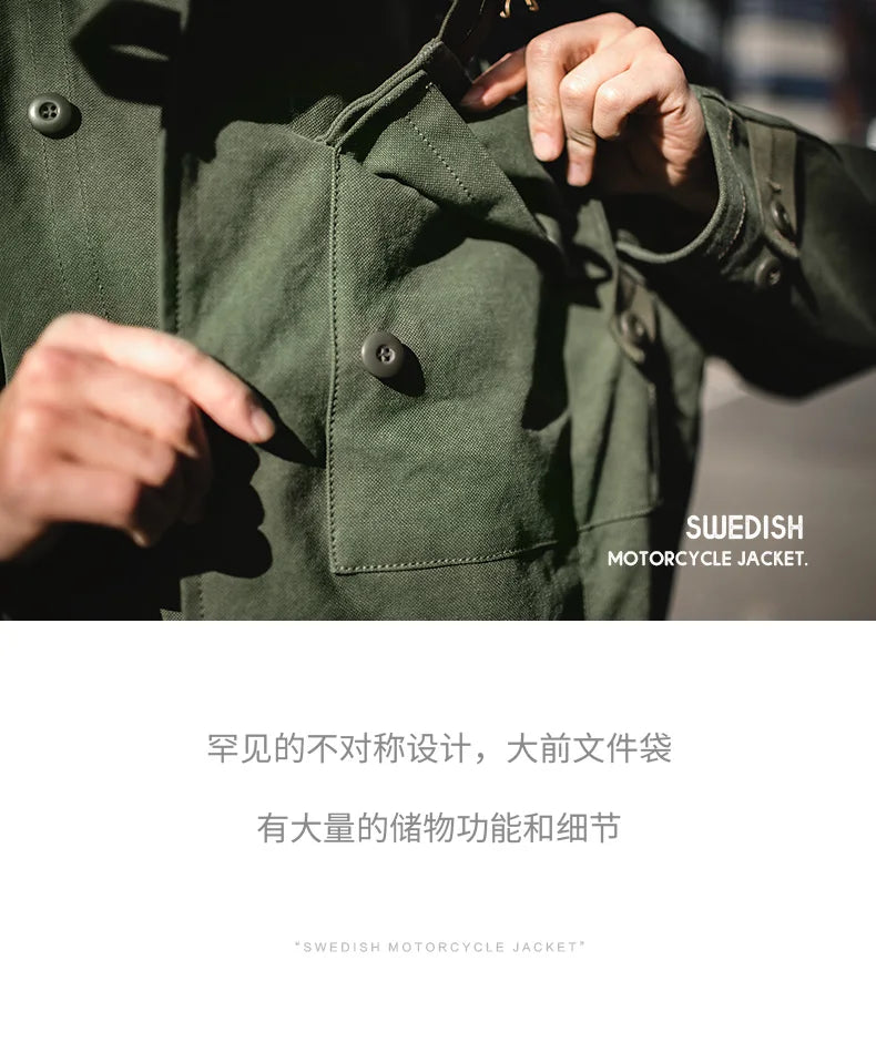 Maden Green Retro bomber Jackets Misplaced Oblique Buckle Swedish Motorcycle Men's AMEKAJI Cotton Autumn Winter Coat - reetell