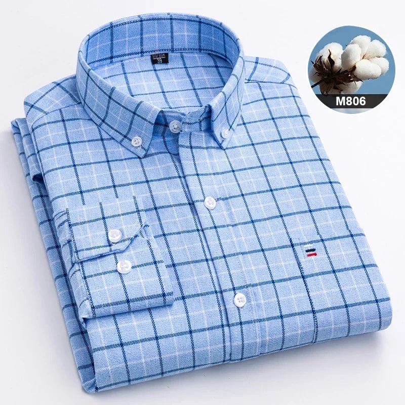 Hight qulity plus size 7XL100%cotton brushed long sleeve shirts for men korean plaid slim fit formal shirt soft designer clothes