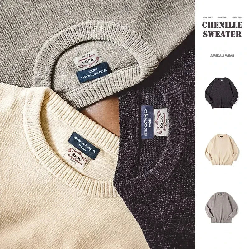 Maden Casual Chenille Round Neck Sweater for Men Warm Skin-friendly Beige Knitwear Autumn Winter Basic Solid Color Soft Sweater - reetell