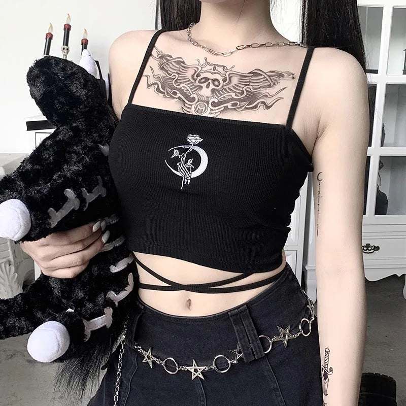 Gothic Women's Print Suspender Sleeveless Square Neck Slim Crop Top Sexy Halter Bottoming Shirt  Girls Party Wear - reetell