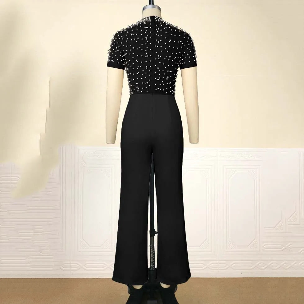 Elegant Jumpsuits & Rompers for Women O Nec Short Sleeve Beaded High Waisted Luxury Female Birthday Dinner Party Overalls Outfit - reetell