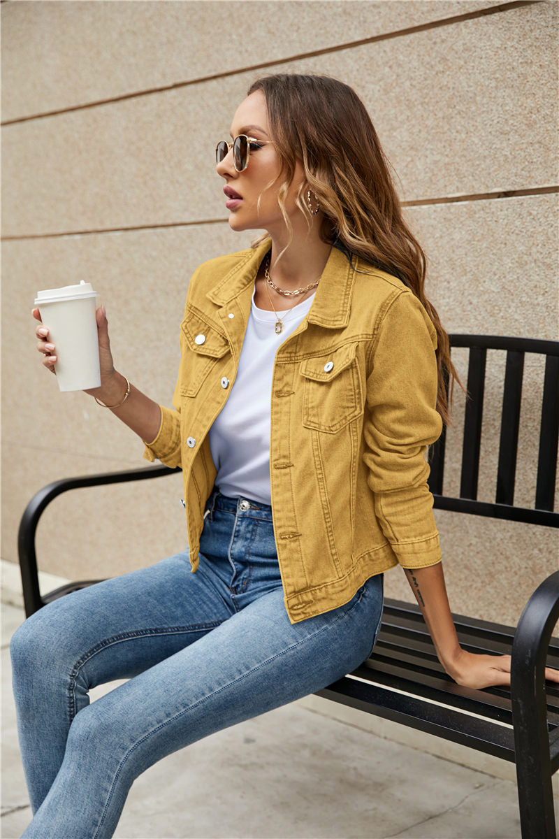 Women's Denim Jackets Fashion Female Casual Long Sleeve Lapel Solid Button Down Chest Pocket Slim Jean Jacket Fall Winter Coat