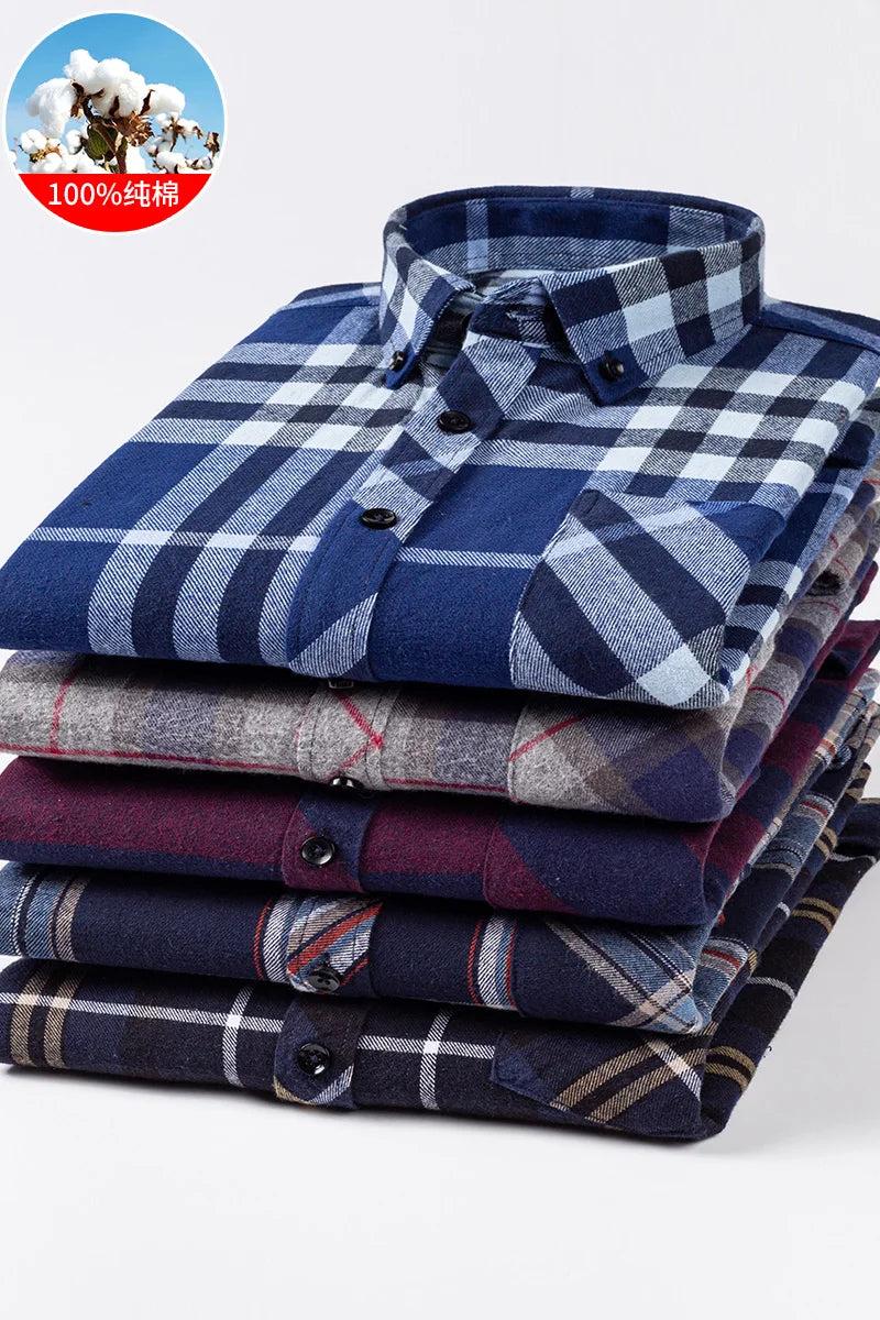 Cotton Mens Checkered Shirts Long Sleeve Soft Plaid Shirt Button Up Regular Fit Leisure Classical Vintage Comfortable Man Tops