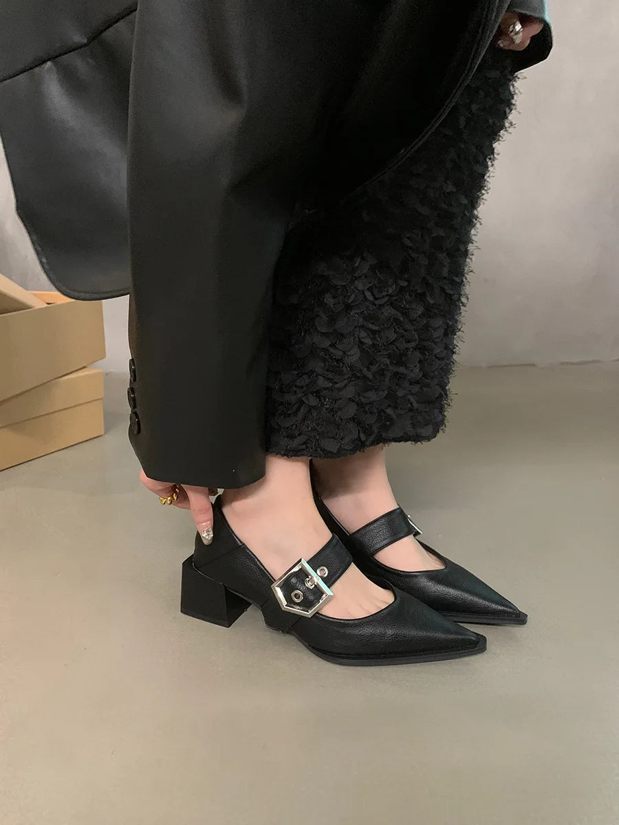 Retro Pointed Mary Jane Small Leather Shoes for Women 2024 Autumn and Winter New Korean Version of Chunky Heel Loafers