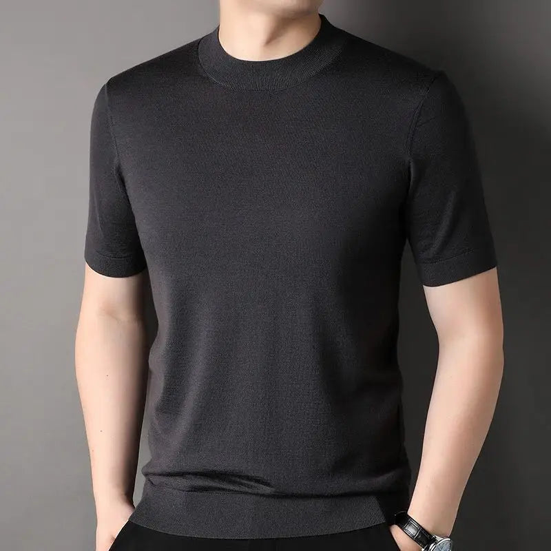 Worsted Mercerized Men Summer Short Sleeves T-shirt Versatile Fashion Male Clothing Half Turtleneck Casual Basic Knitted Tops - reetell