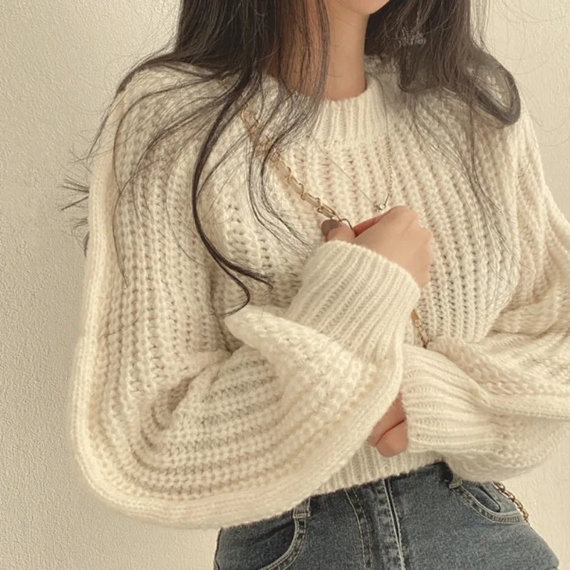 Loose Vintage Harajuku Lantern Long Sleeve Women Sweater Korean Autumn Winter Knitwear Soft Warm Tops Chic Solid Femme Sweater - reetell