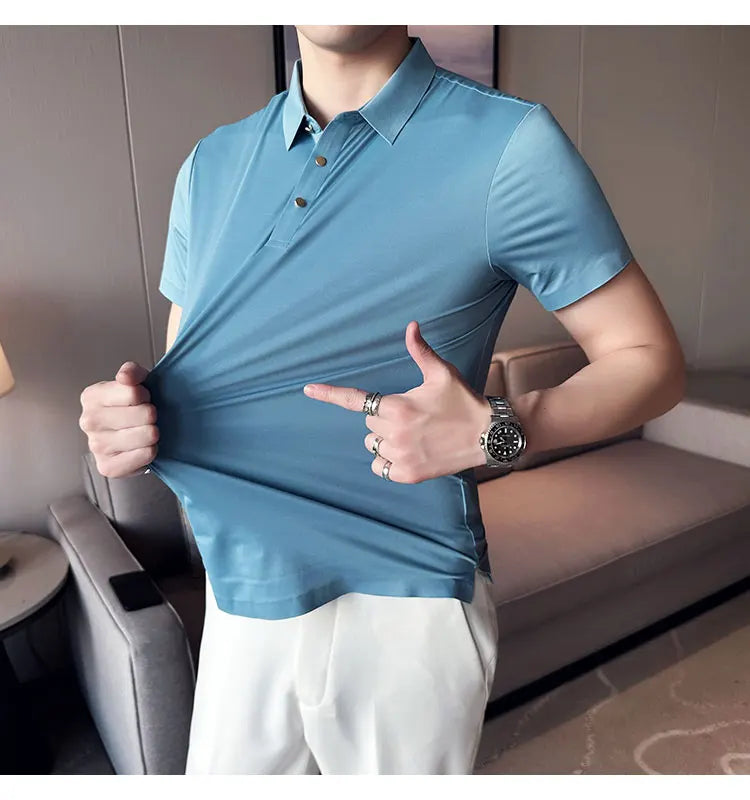 Ice Silk Traceless T-shirt Men's  Business Casual Solid Color Half Sleeve High Elasticity Top Silk Smooth Breathable POLO Shirt