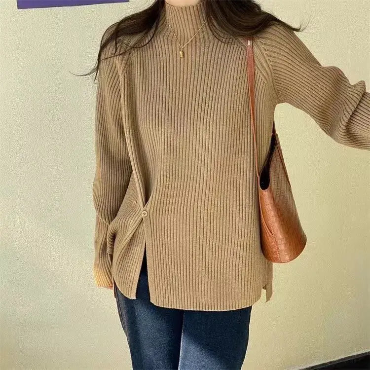 Women's Knit Sweater Off-white Loose Turtleneck Ladies PulloversButtons Slit Hot Sale Winter Offers Trend New Knitwear 2024 - reetell