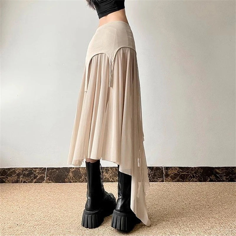 Women Clothes Vintage Y2K Harajuku Aesthetic Fairy Asymmetrical Skirts Summer Female Sexy Split Solid High Waist Slim Midi Skirt - reetell