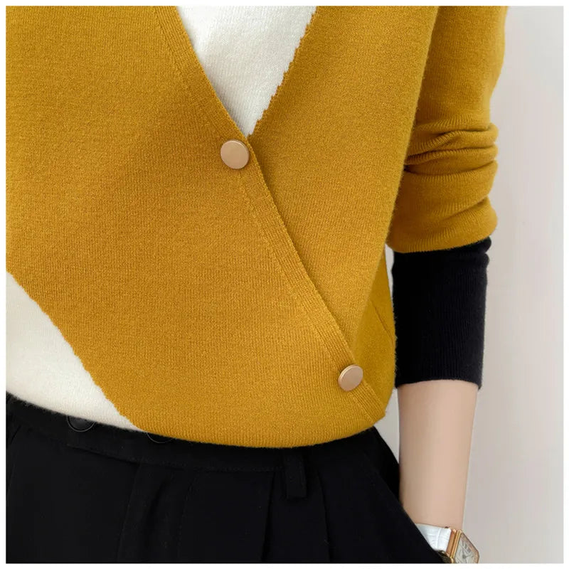 Women's Cashmere Sweater Spring Colorblock Sweater Women Casual Pullover Ladies Knitwear Fashion Sweater Female Thin Inner Top - reetell