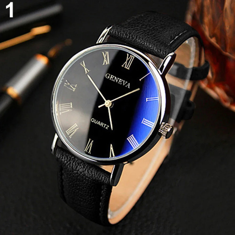 Classic Vintage Geneva Watch for Men, Analog Business Quartz Wristwatch, Roman Numerals, Blu-Ray, Faux Leather Band