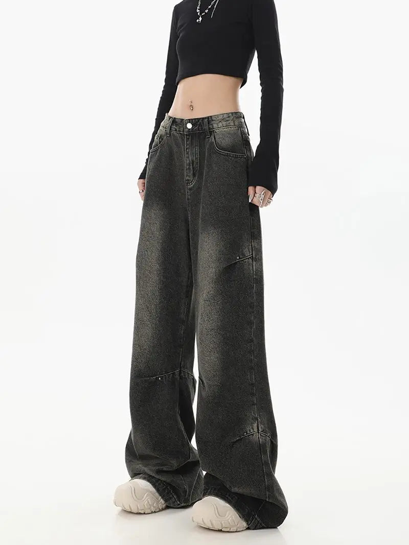 Deeptown Y2k Vintage Black Jeans Women Streetwear Baggy Denim Pants Wide Leg Harajuku Korean Trousers Goth Spring 2024 American - reetell