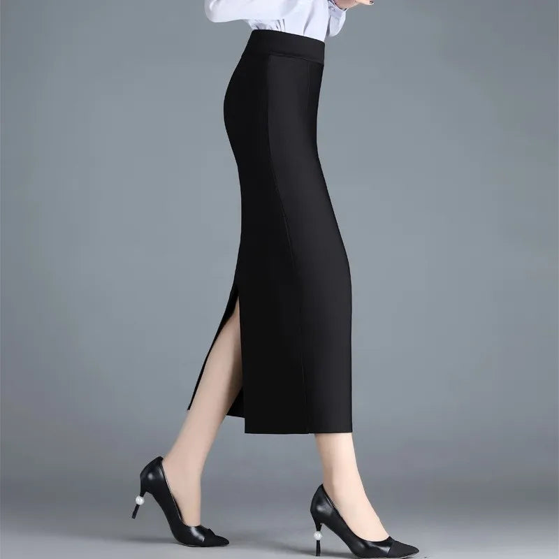 Stretch Pencil Skirts for Women, Office Lady, Formal Black Midi Skirts, Elegant Female Package Hip Skirts, Spring and Autumn - reetell