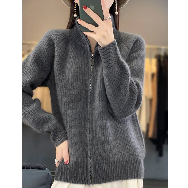 100% Pure Wool Zipper Cardigan Padded Shoulder Stand Collar Women's Cashmere Knitted Coat New Lapel Sweater - reetell