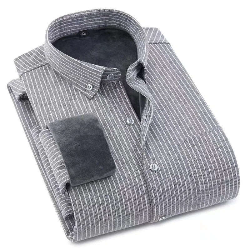 Autumn Winter Men's Striped Warm Non-ironing Long Sleeve Fleece Thickened Oxford Spinning Business Casual Shirts Men's Clothing