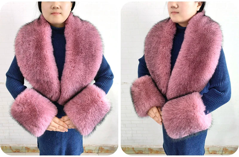 Winter Faux Fur Collar Cuffs Set Women Fluffy Large Shawl Coat Accessories Warm Fashion Fake Fox Fur Scarf Furry Scarves Female - reetell