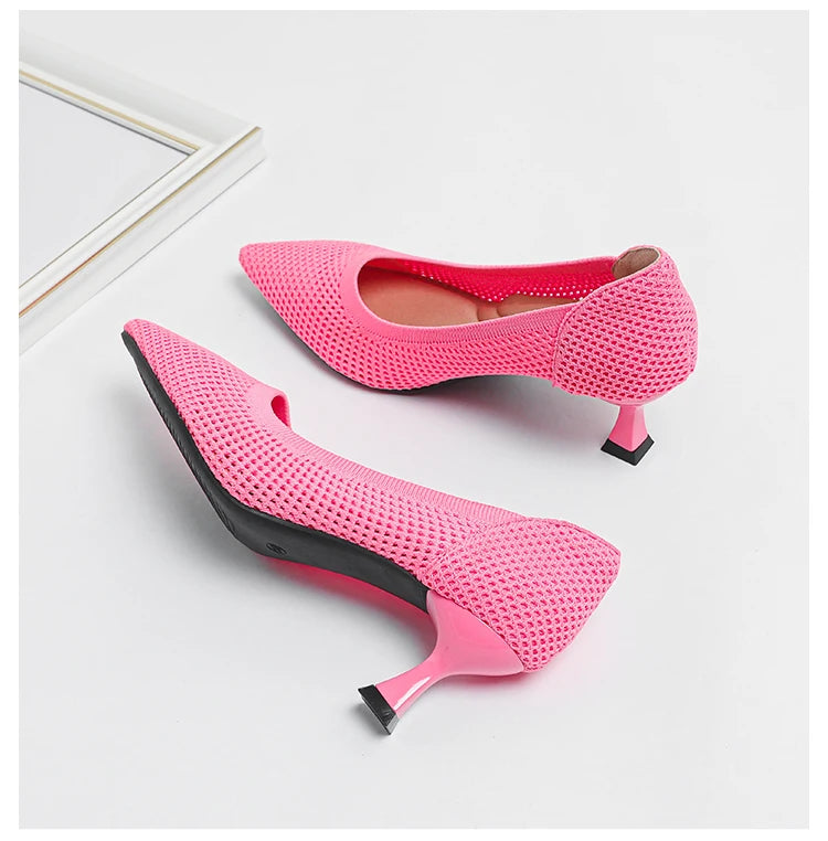 2024 New Summer Women's High Heels with Hollow Mesh Knitted Breathable Shoes (6cm High)