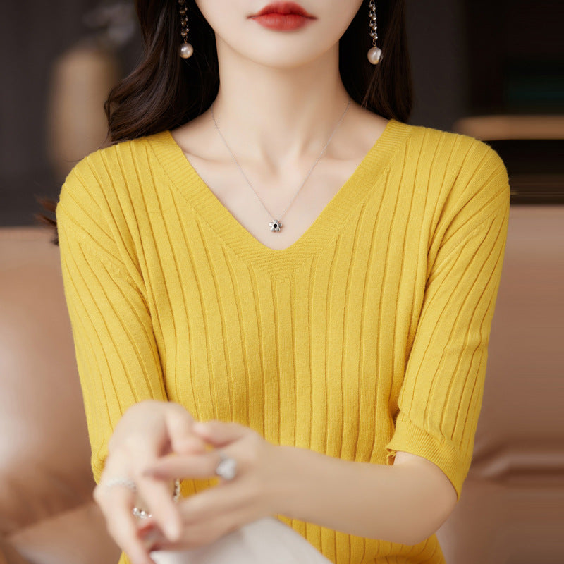 Women Sweater Short Sleeve V-neck Stripe Knitwears Slim Fit Shirt Korean Fashion Pullovers Thin Knit Tops 2024 Bottoming Shirts - reetell