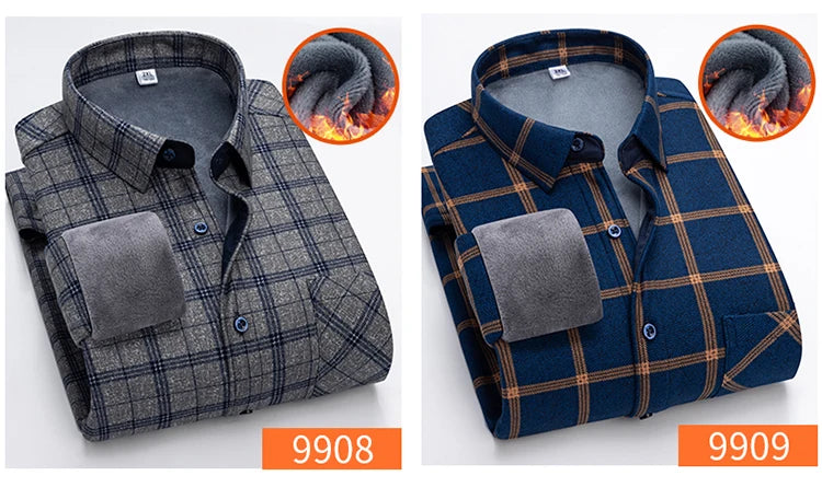 Autumn Winter Thicken Fleece Shirt Men Business Plaid Shirt Long Sleeve Warm Clothes Turn Down Collar Button Up Shirts Classic - reetell