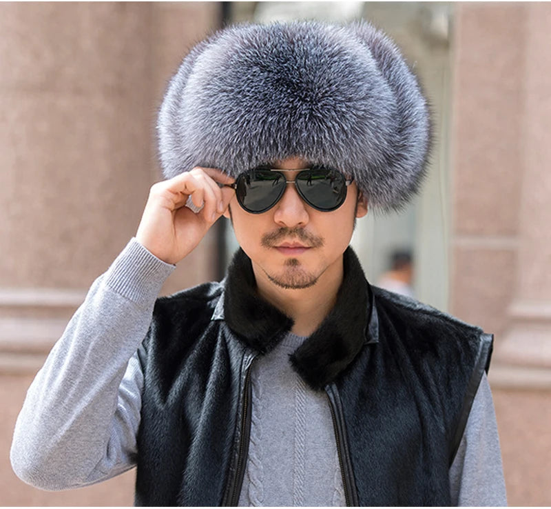 Winter Men's 100% Real Silver Fox Fur Bomber Hat Raccoon Fur Ushanka Cap Trapper Russian Man Ski Hats Caps Real Leather