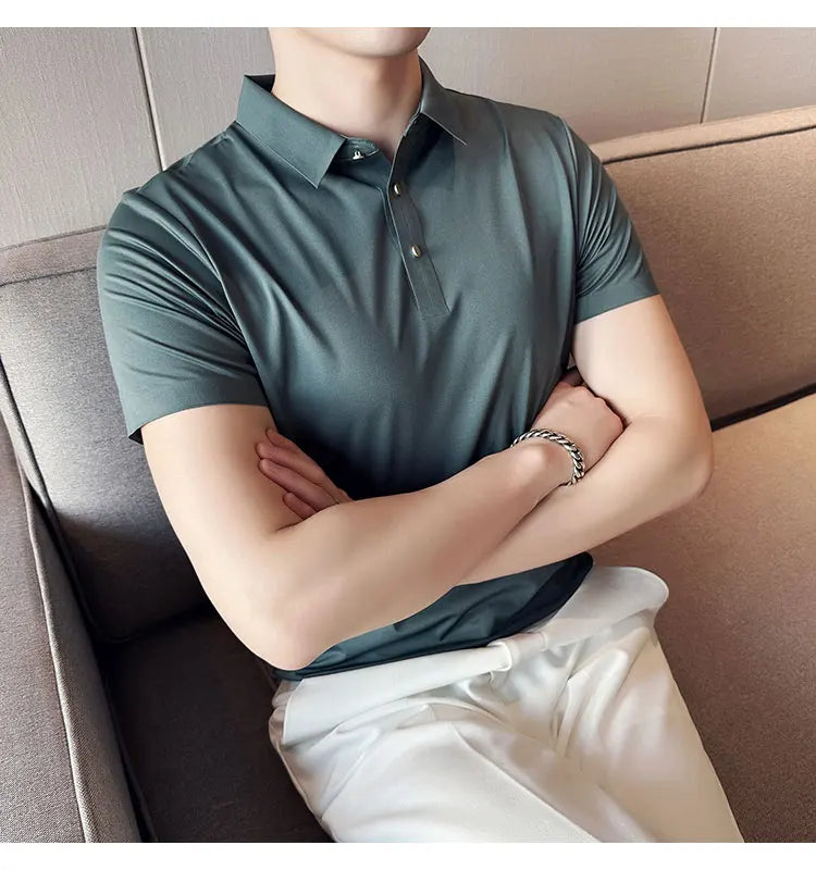 Ice Silk Traceless T-shirt Men's  Business Casual Solid Color Half Sleeve High Elasticity Top Silk Smooth Breathable POLO Shirt