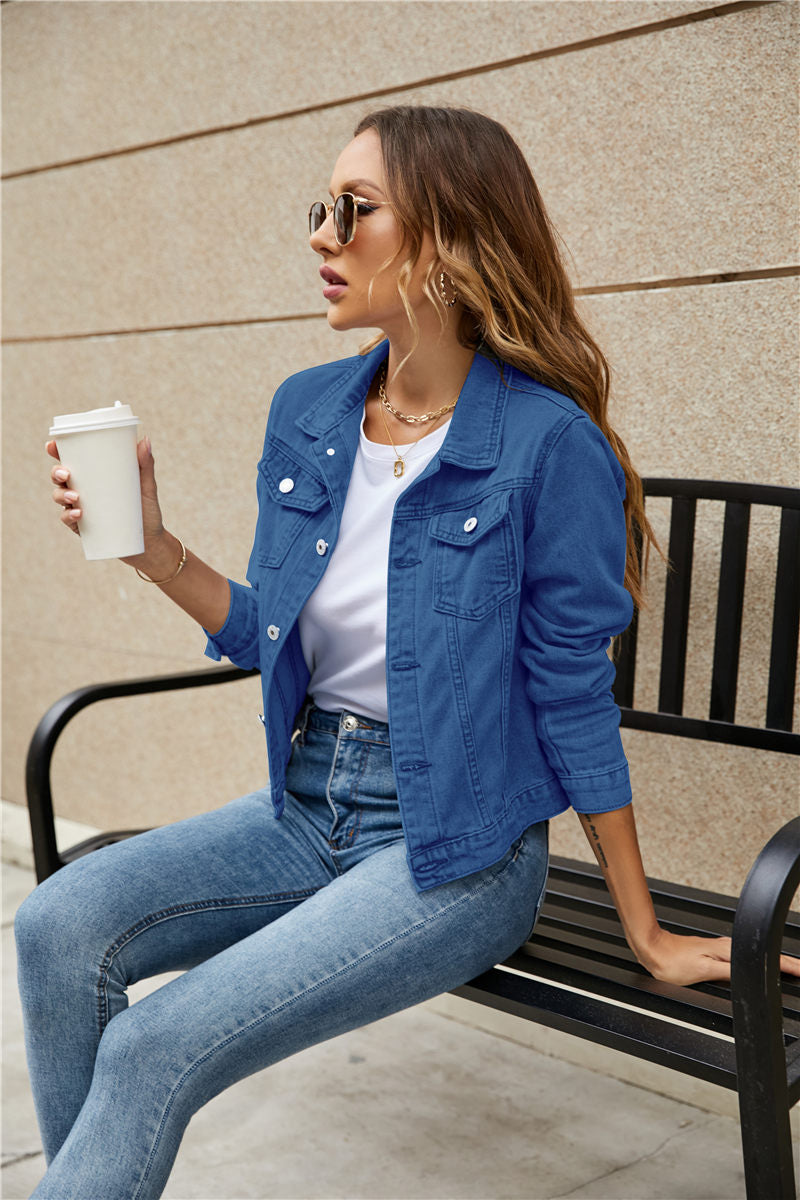 Women's Denim Jackets Fashion Female Casual Long Sleeve Lapel Solid Button Down Chest Pocket Slim Jean Jacket Fall Winter Coat