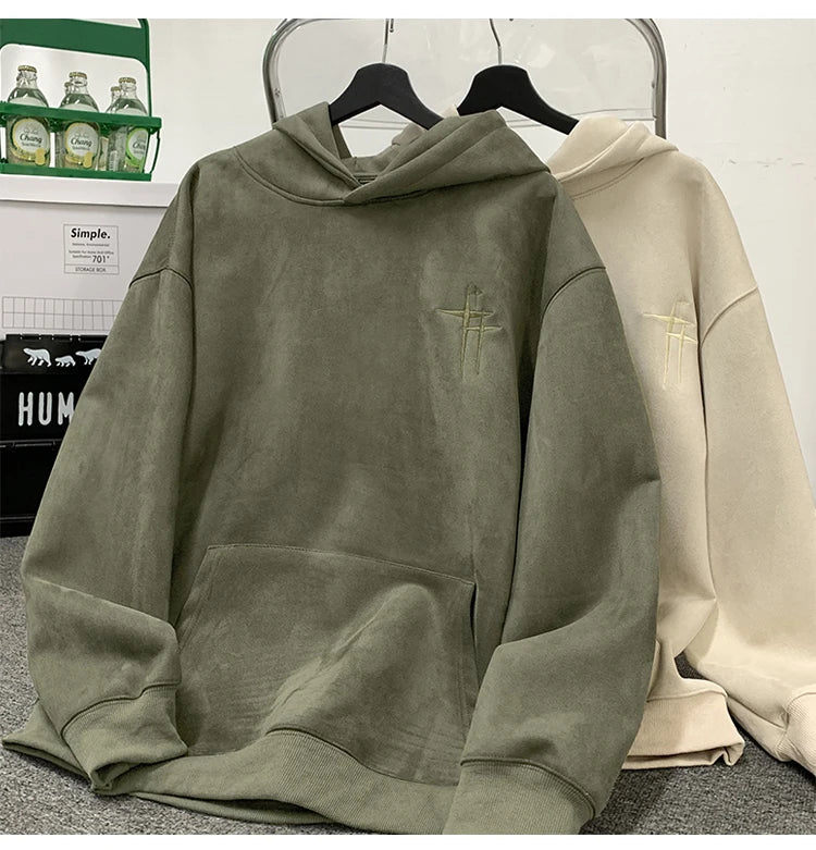 Mens Suede Hoodies Fall Winter Sweatshirt American Vintage College Style Hooded Sweatshirt Fashion Street Trend Clothing - reetell