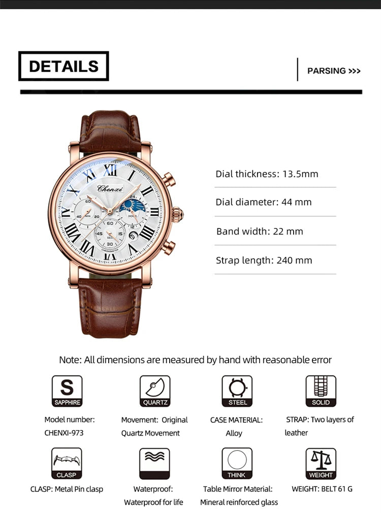 CHENXI 973 Multi-function Business Moon Phase Date Waterproof Rome Analog Imported Men Wristwatch Dial Quartz Leather Watches