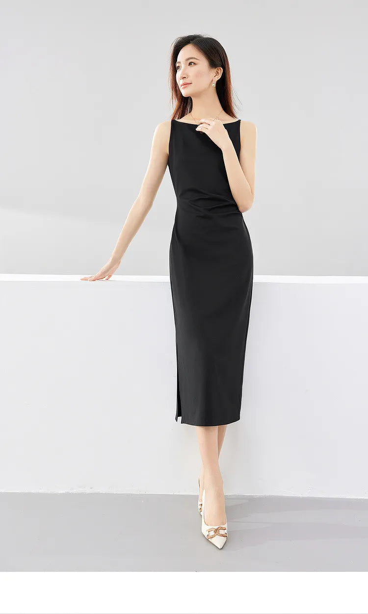 SENTUBILA Ruched Black Dress Women 2024 Spring Summer Party Slim Temperament Slash Neck Sleeveless Lady Midi Dresses Q33L52443 - reetell