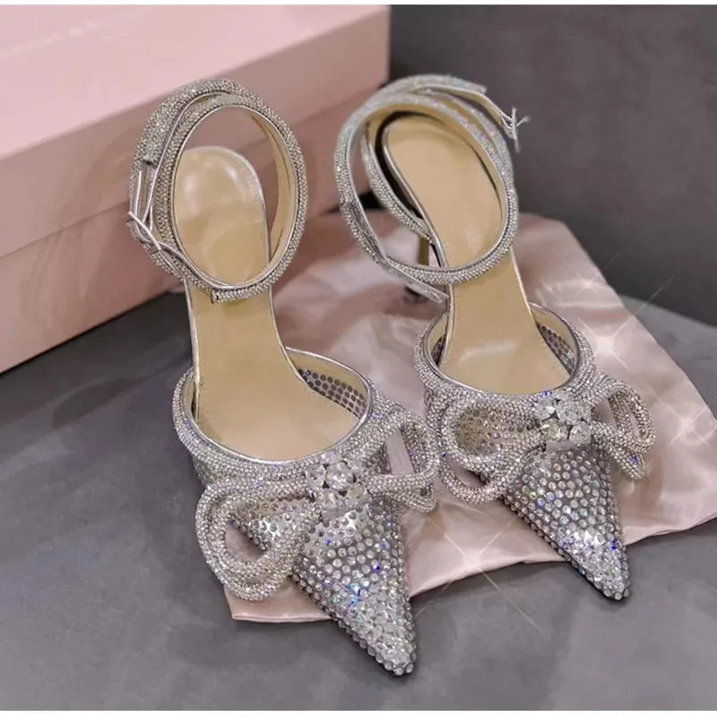 Brand Luxury Crystal Sequined Bowknot Women Pumps Sexy Ankle Strap High heels Female Sandals Summer Fashion Wedding Prom Shoes - reetell