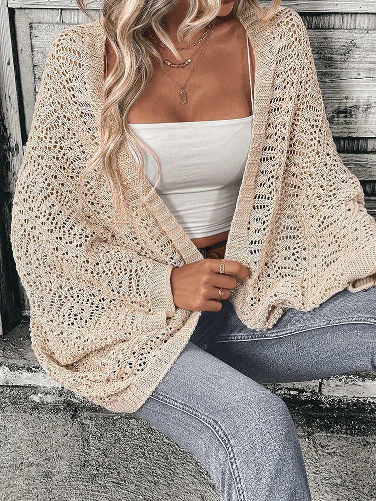 Polyester 100.00% solid color camisole knit cardigan elegant front open bat wing sleeve loose cardigan for women - reetell