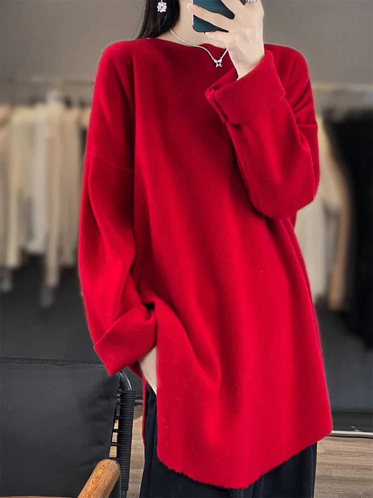 Fashion Women Round Collar Sweater 100% Merino Wool Pullovers Autumn Winter Loose Cashmere Knitwear Female Clothes Korean Tops - reetell