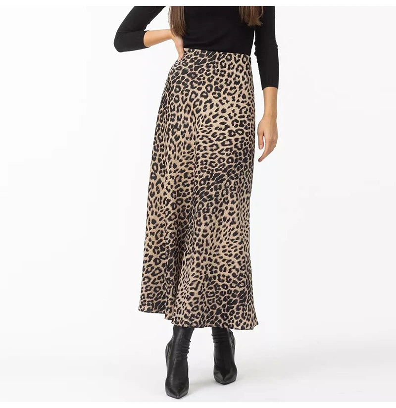 MiuKoMiYa Autumn Satin Leopard Print Maxi Skirt Women High Waist A Line Office Slim Long Leopard Skirt For Women Elegant 2024 - reetell