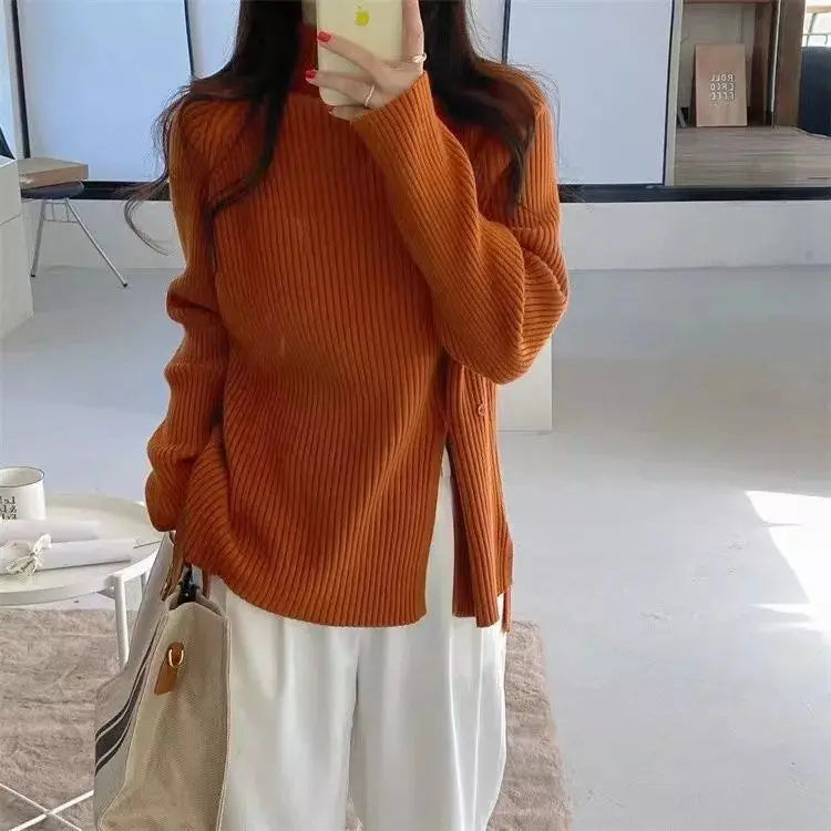 Women's Knit Sweater Off-white Loose Turtleneck Ladies PulloversButtons Slit Hot Sale Winter Offers Trend New Knitwear 2024 - reetell