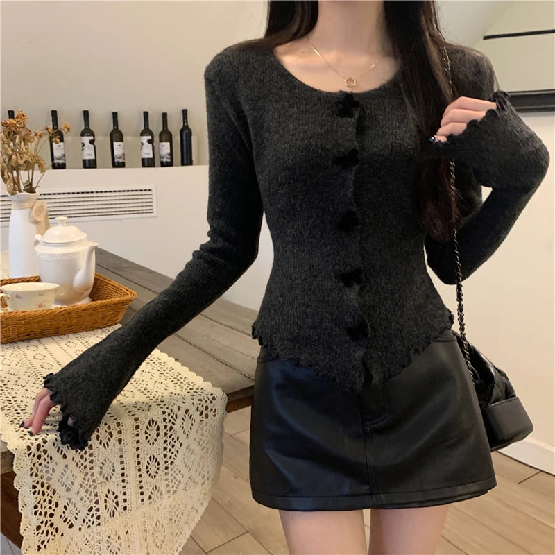 Women's Ruched Long Sleeve Cropped Cardigan V Neck Button Down Knit Lady Autumn Winter Knitted Single-breasted Cardigan Sweaters - reetell