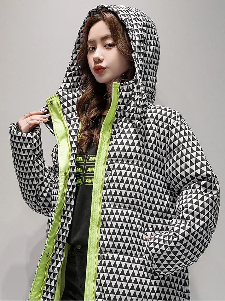 2024 Winter Warm Parka Plaid Long Sonw Coat Women's Fashion Thicken Hooded Puffer Jacket Female Windproof Warm Outwear